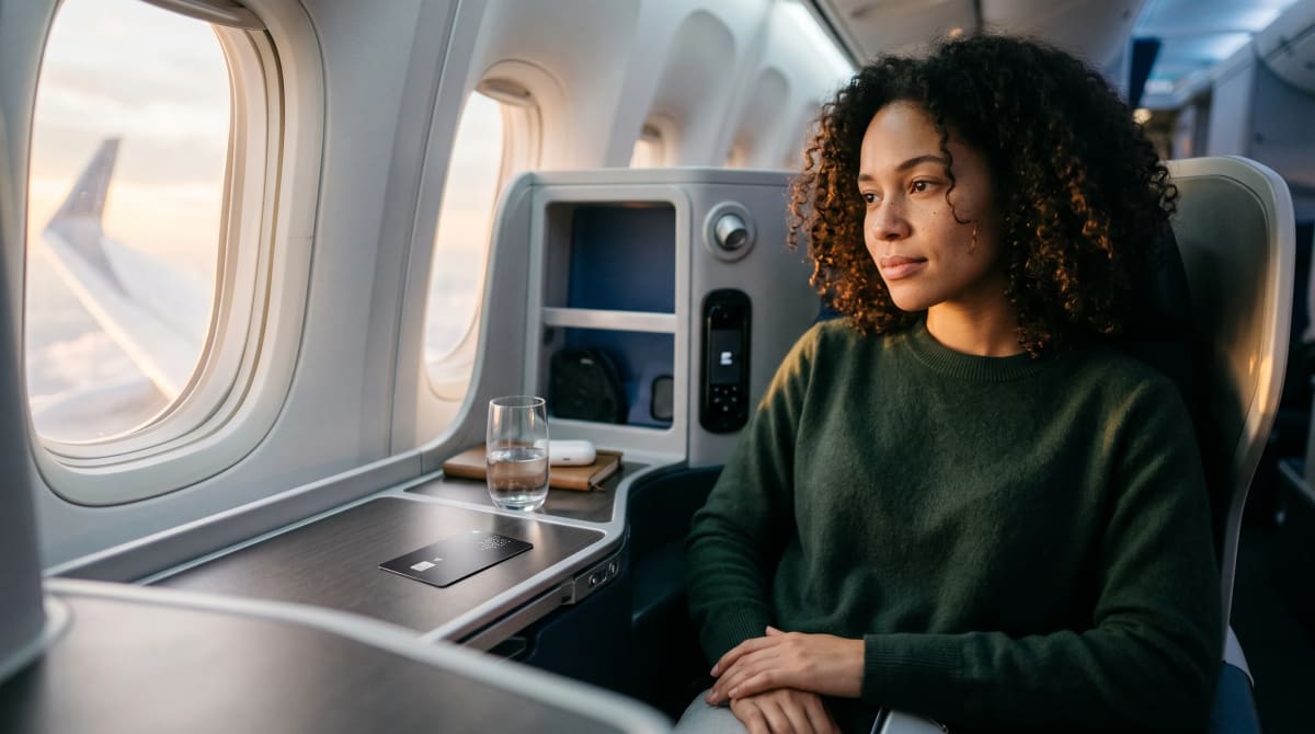 Business class seat by the window with a card on the tray table