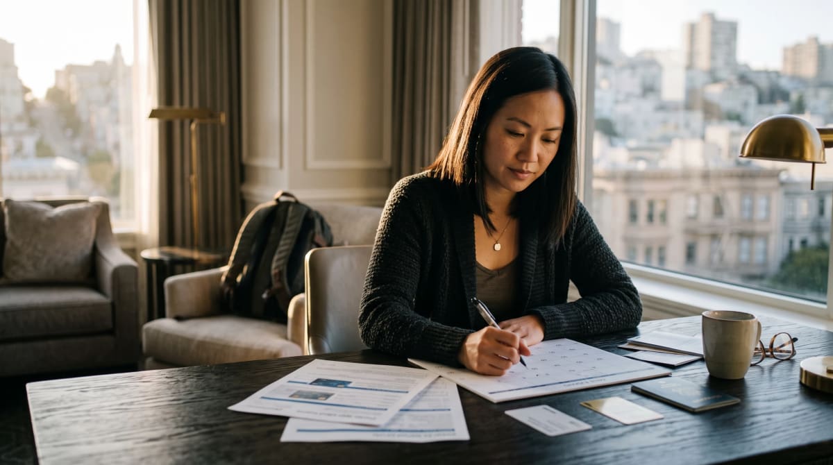 Credit card applications and a calendar on a hotel suite desk