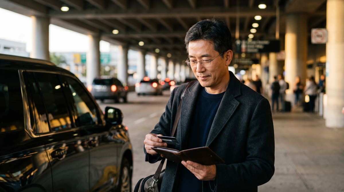 Private car transfer at an airport curb with a card and travel folder