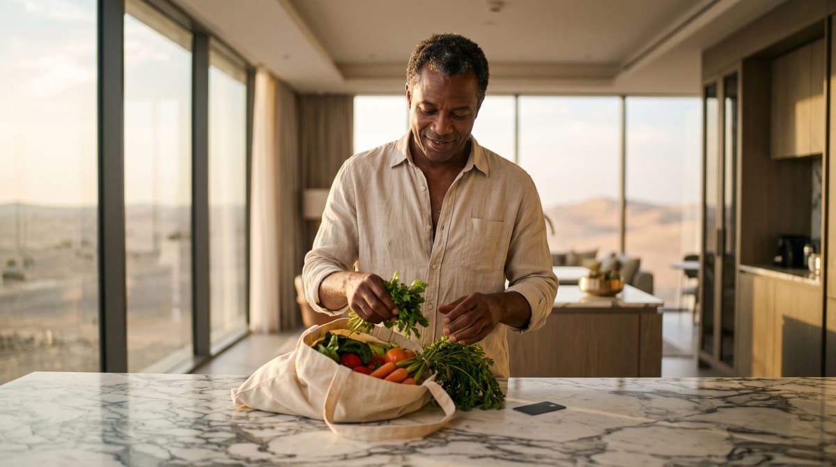 Reusable shopping bag with fresh vegetables on a counter
