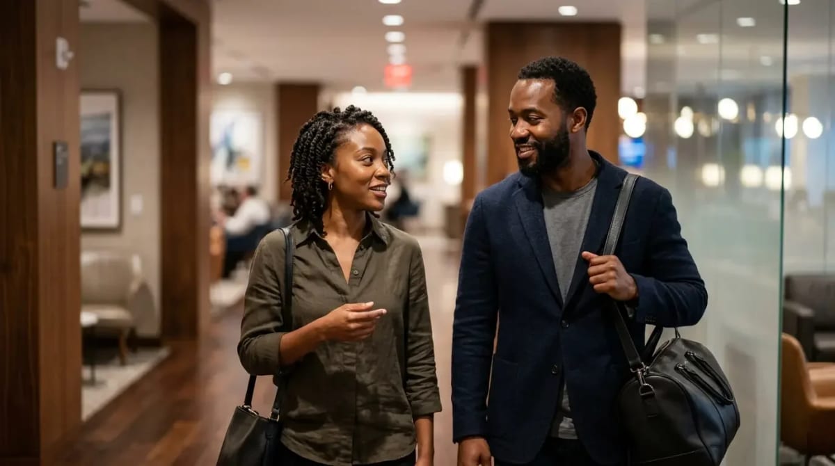 Two travelers navigating Capital One Lounge with authorized user benefits