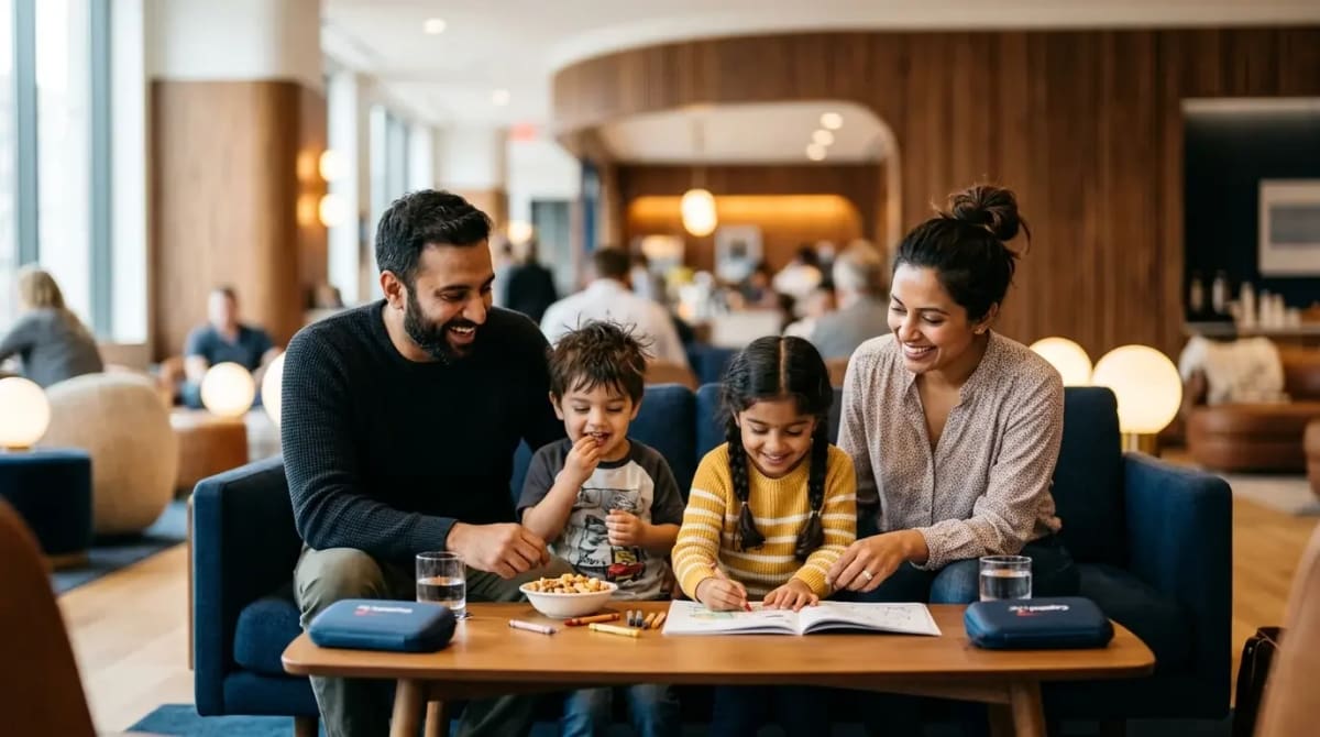 Travelers relaxing together in Capital One Lounge under child policies