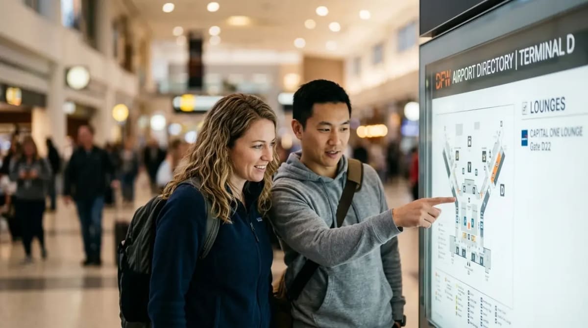 Two travelers checking airport directory for Capital One Lounge location