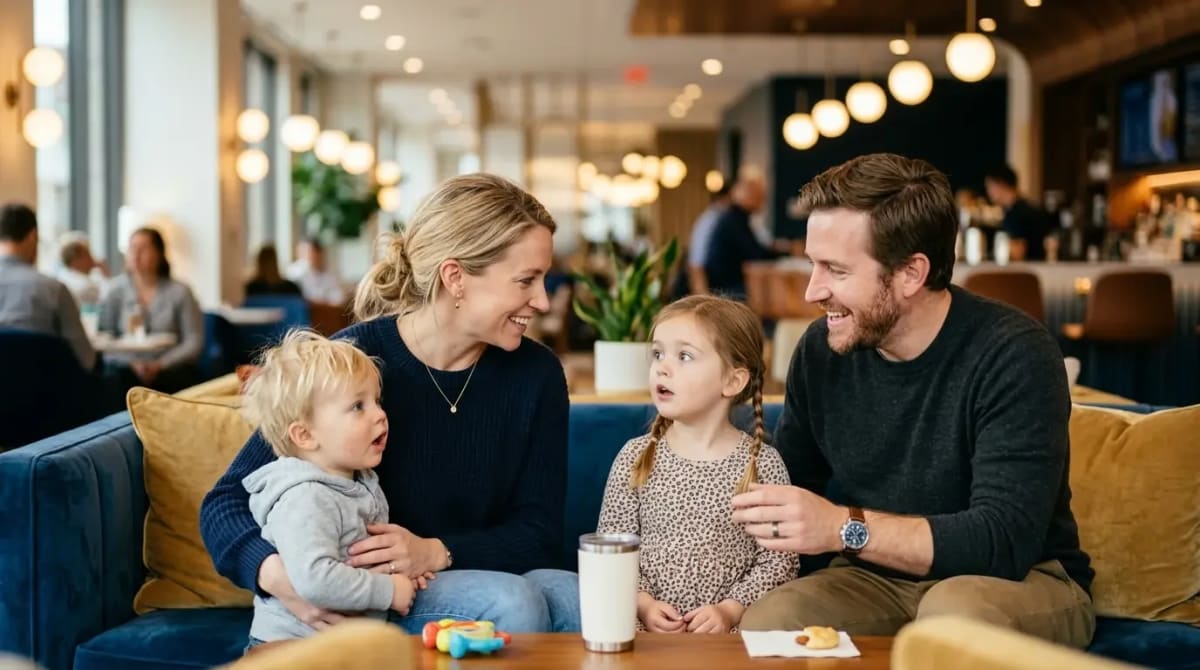 Travelers relaxing together in Capital One Lounge under guest policies