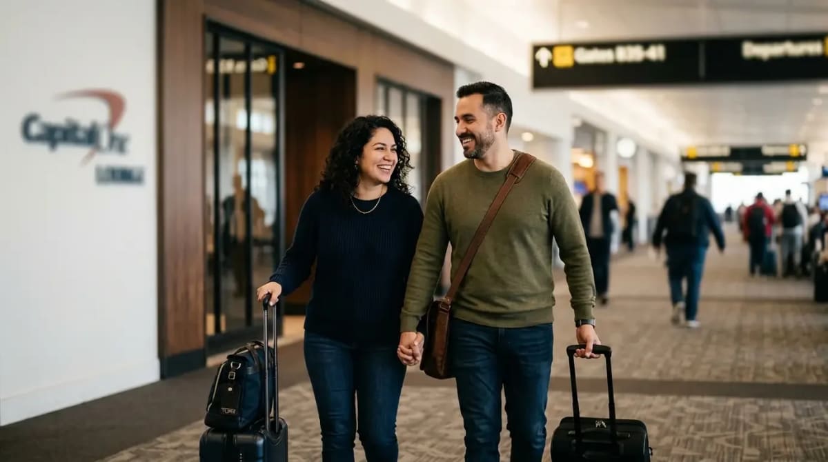Two travelers leaving Capital One Lounge after premium travel experience