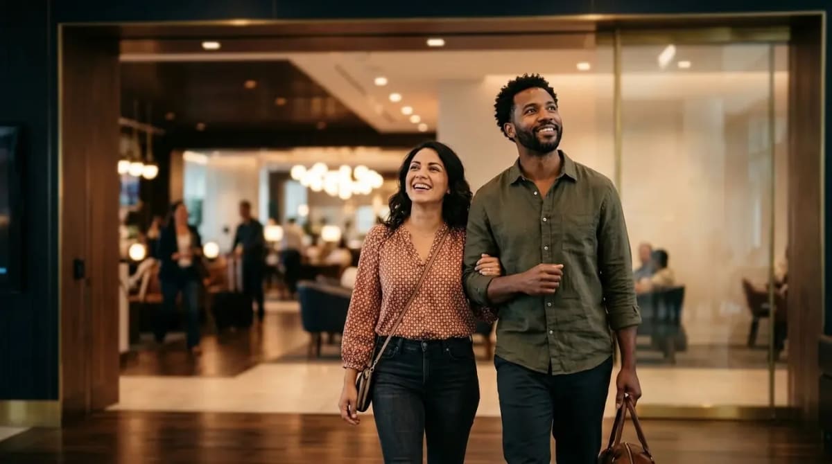 Two travelers entering Capital One Lounge discovering premium travel benefits