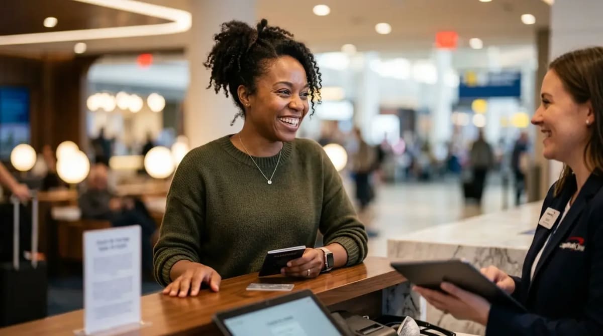 Traveler completing Priority Pass enrollment at Capital One Lounge