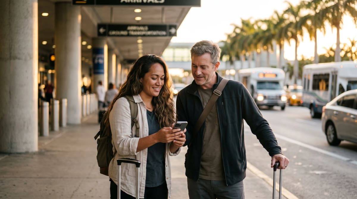 Travelers arriving at an airport curb with luggage at golden hour