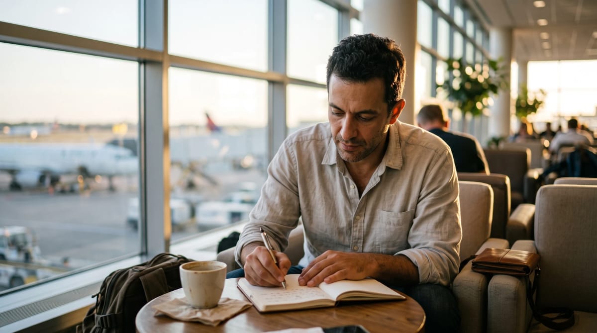 Notebook with handwritten questions next to a coffee cup in a lounge