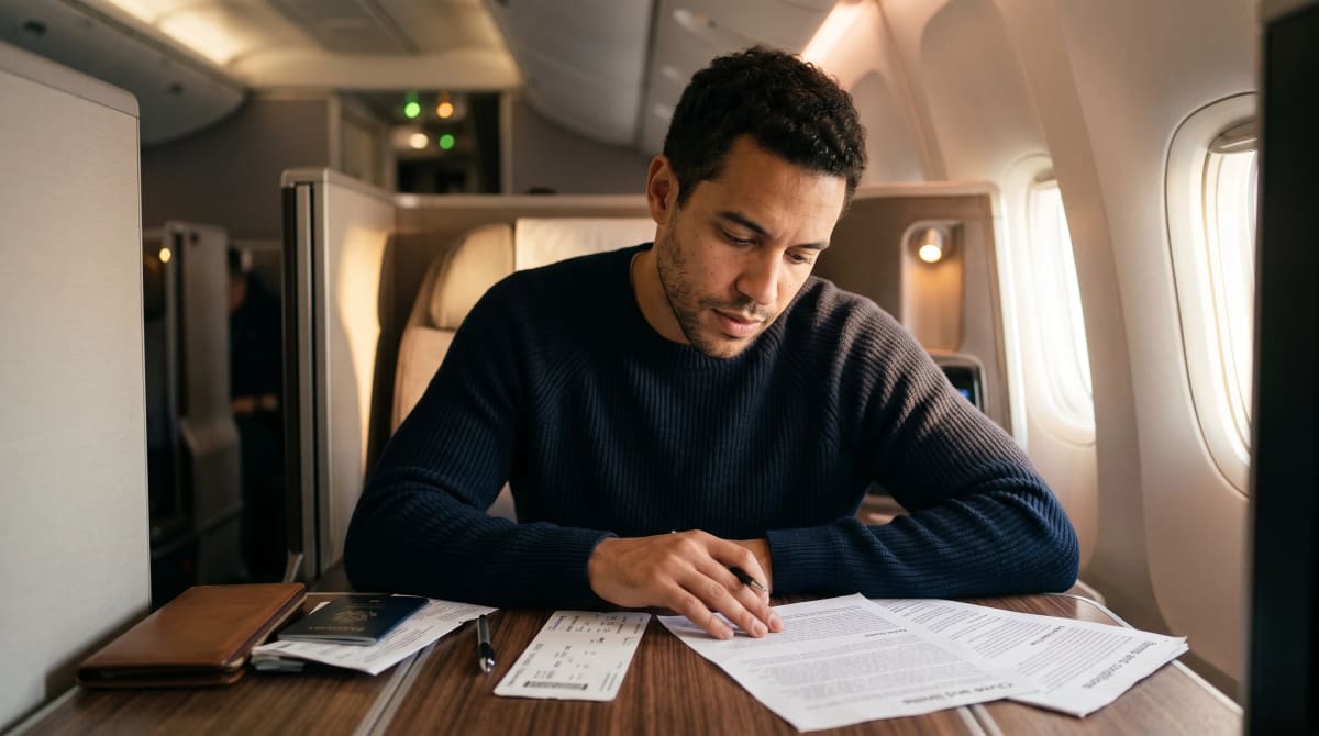 Card terms pages and a boarding pass on a business class tray table