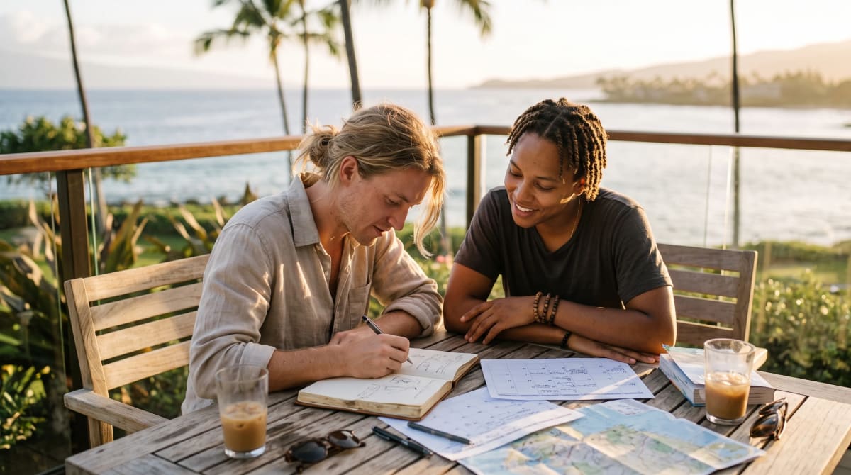 A couple planning a trip timeline on a resort terrace