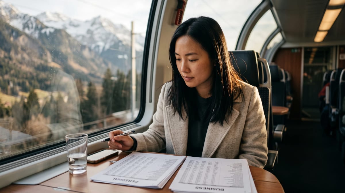 Personal and business account statements side by side on a train table