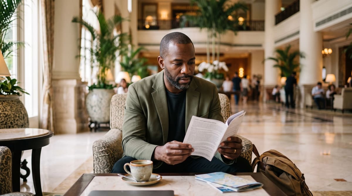 A traveler reading application terms in a five-star hotel lobby