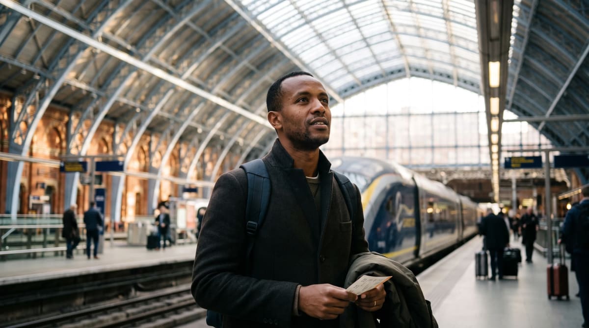 Traveler beside Eurostar train under St Pancras arched roof with ticket and jacket
