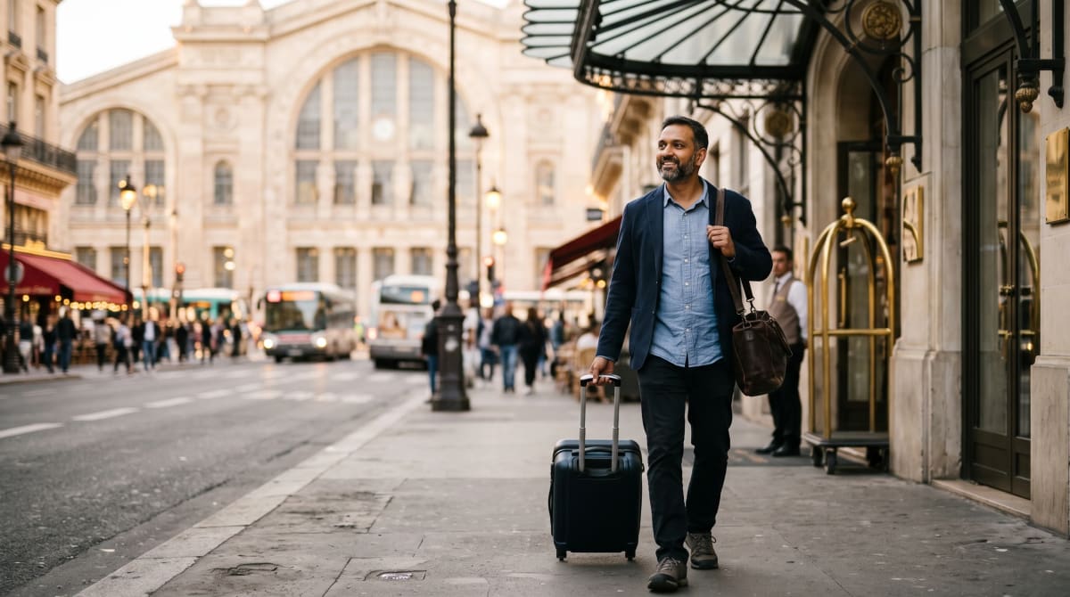 Traveler arriving at a luxury hotel entrance near Paris Gare du Nord with bags