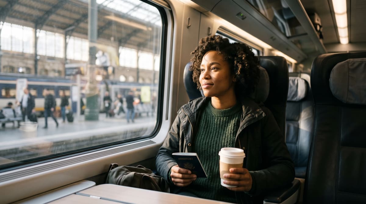 Traveler settling into Business Premier Eurostar seat with passport and coffee