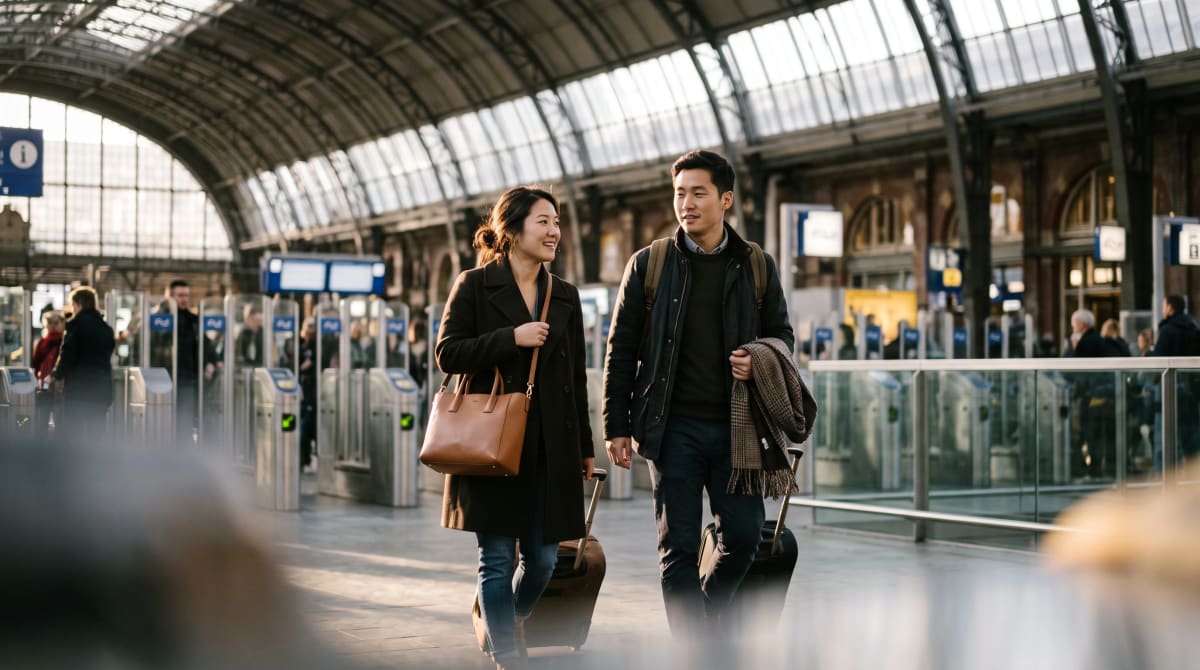 Couple walking toward Amsterdam Centraal Eurostar ticket gates with leather tote and scarf