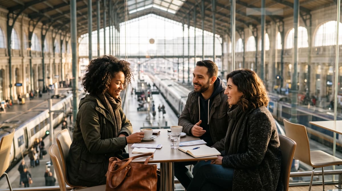 Group of three in Paris Gare du Nord Eurostar lounge with coffee and platform view