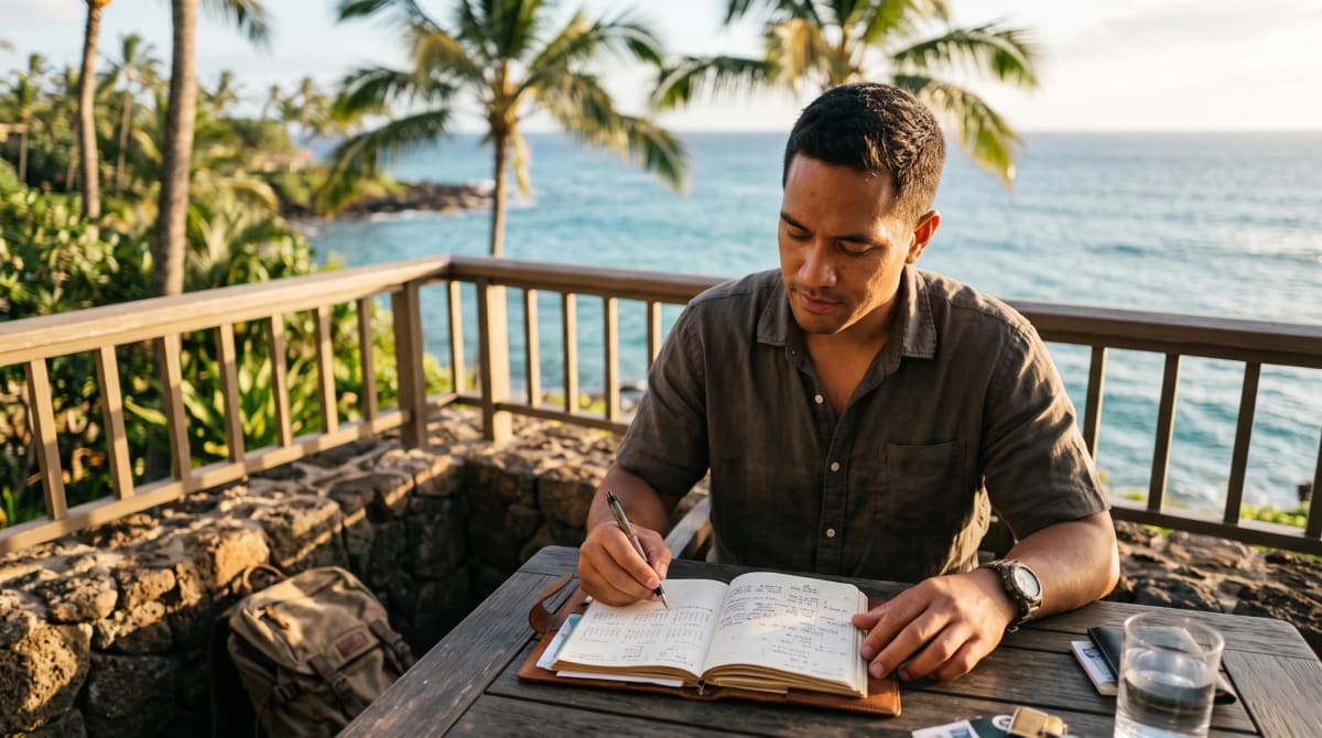 A traveler counting dates in a planner on a resort terrace