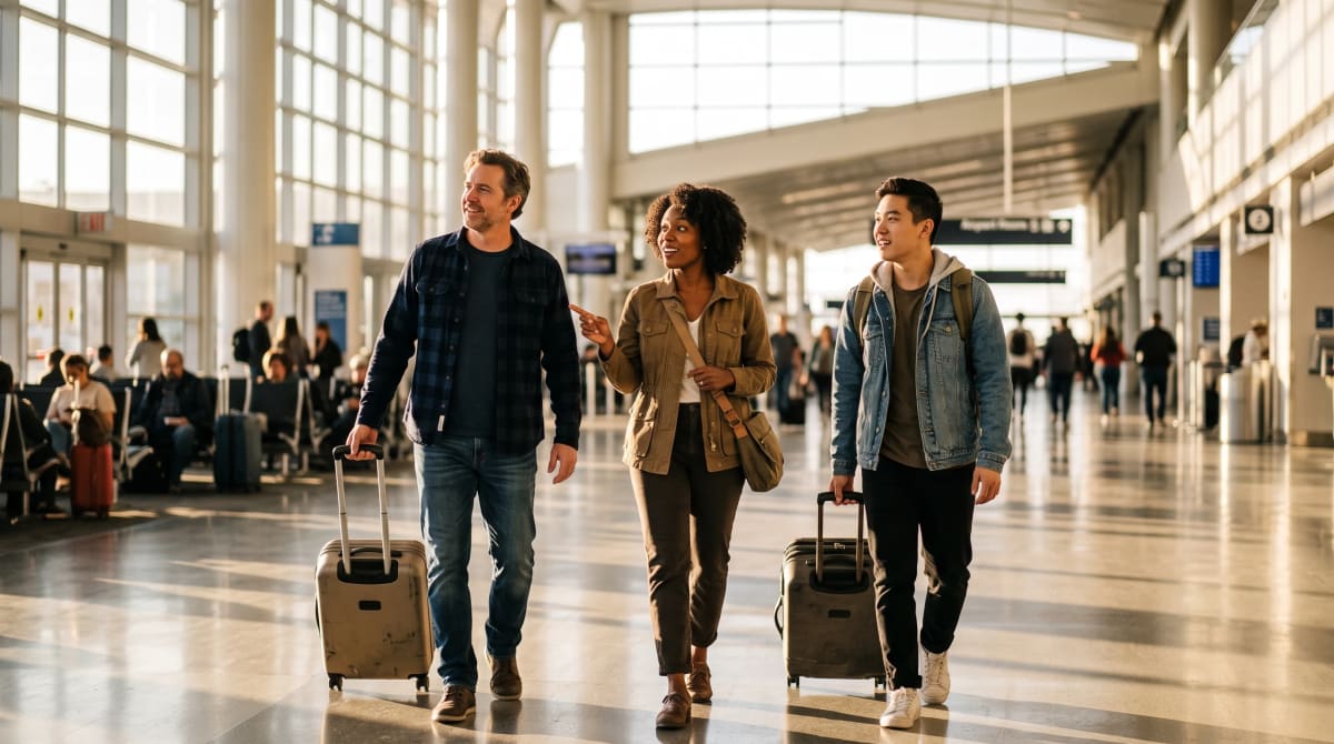 Travelers walking through a sunlit airport terminal with carry-on bags