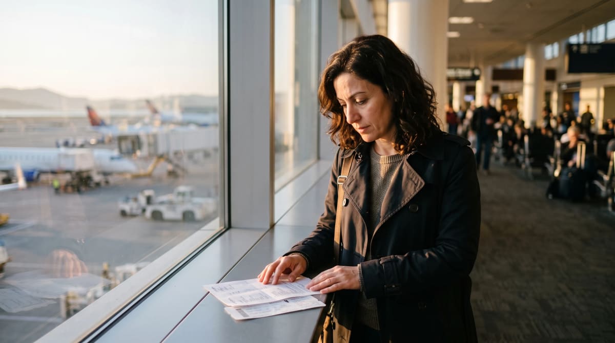 Travelers at an airport gate window with a printed itinerary