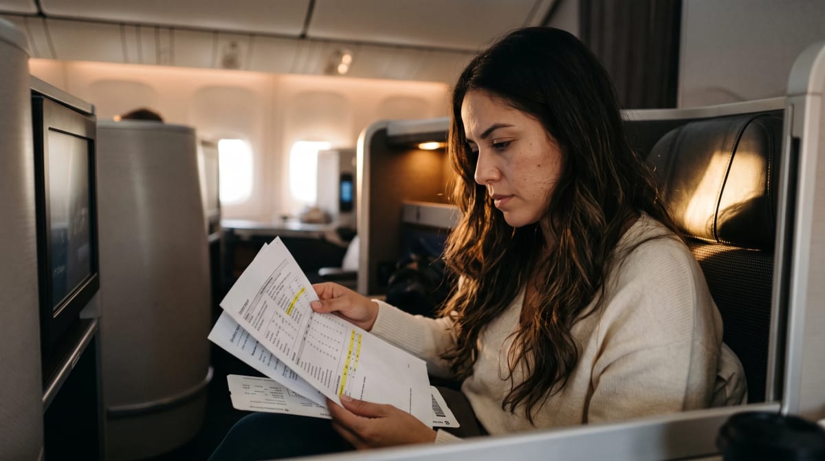 A traveler in a business class seat studying a printed credit report