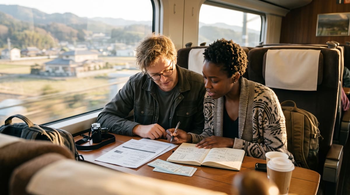A couple reviewing a travel plan notebook on a high-speed train