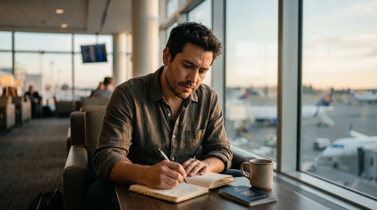 Notebook with handwritten questions beside a passport in an airport lounge