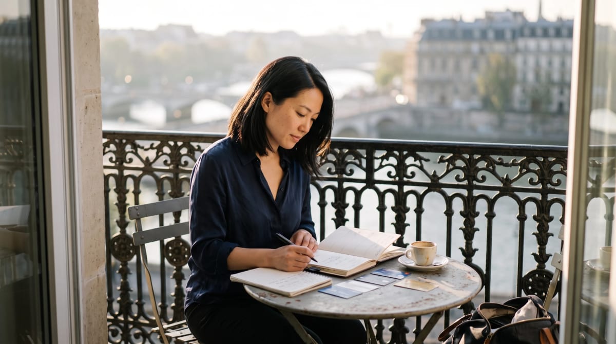 A planner with a numbered application timeline on a hotel balcony table
