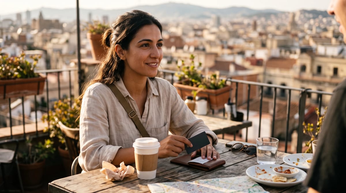 Traveler paying with card at rooftop restaurant overlooking Barcelona