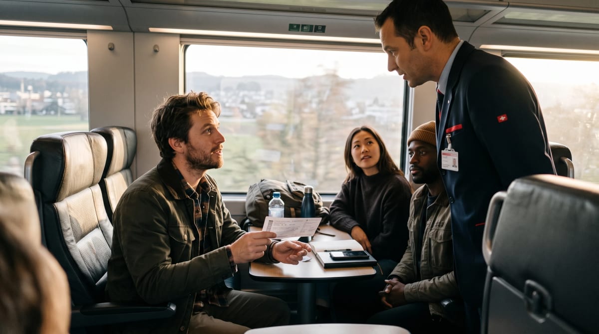 Traveler with boarding pass asking attendant in business-class rail carriage