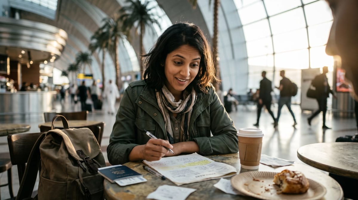 Printed award itinerary with a highlighted stopover on an airport cafe table
