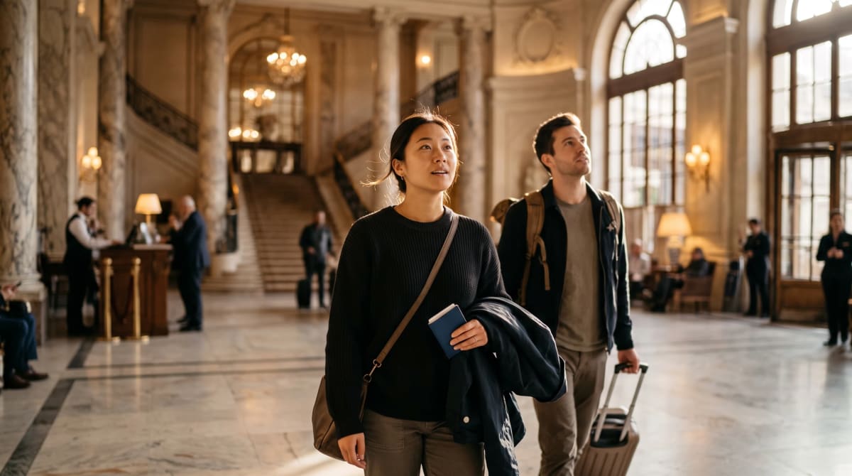 Couple with passport and folded jacket standing in five-star hotel lobby