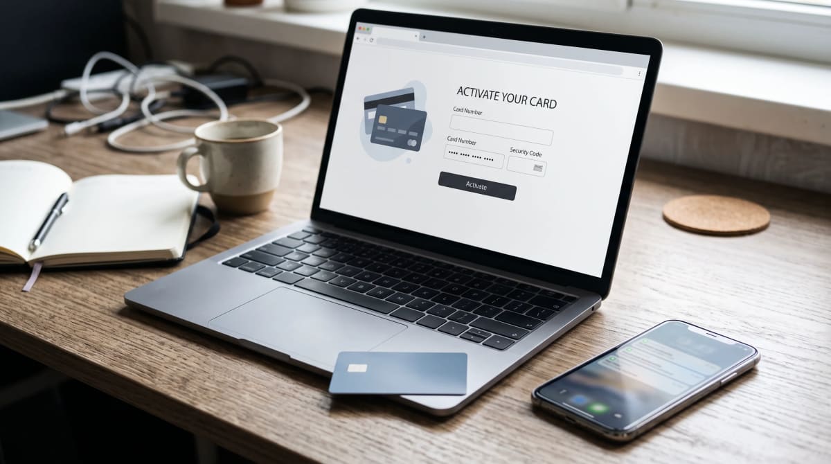 Laptop showing a card activation page beside a smartphone