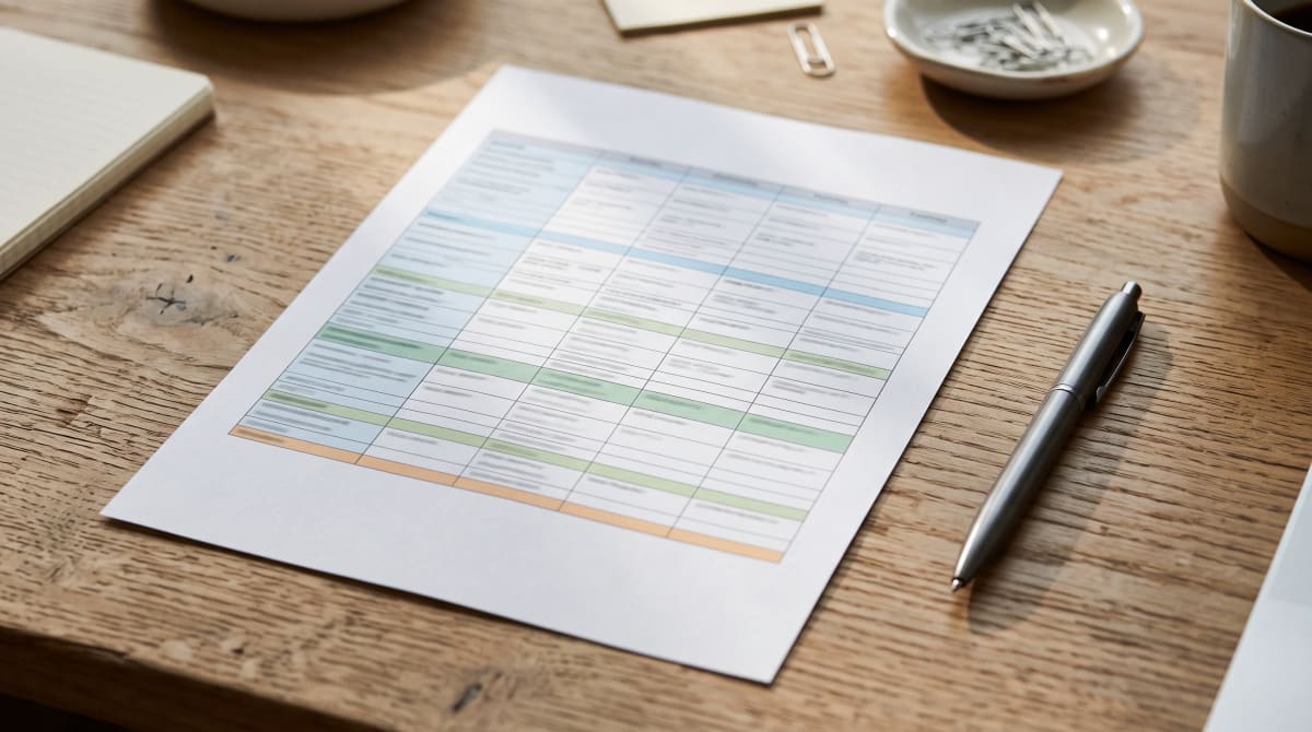 Printed table of quarterly card categories next to a pen