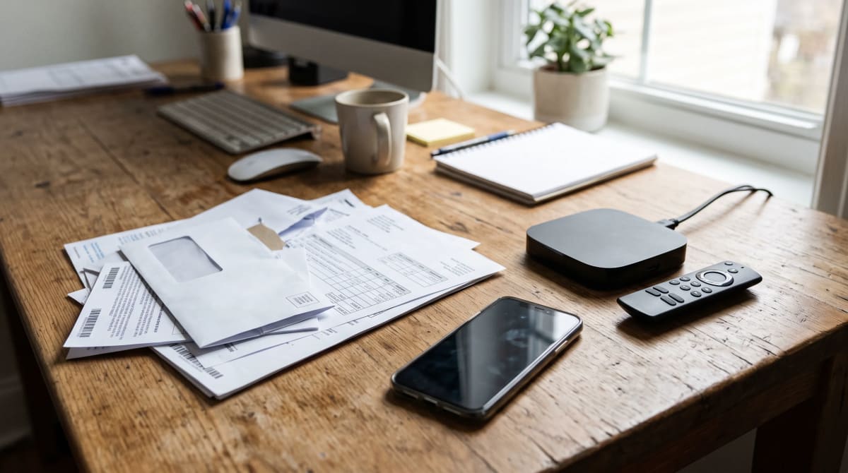 Home office desk with utility bills, a smartphone and a streaming device