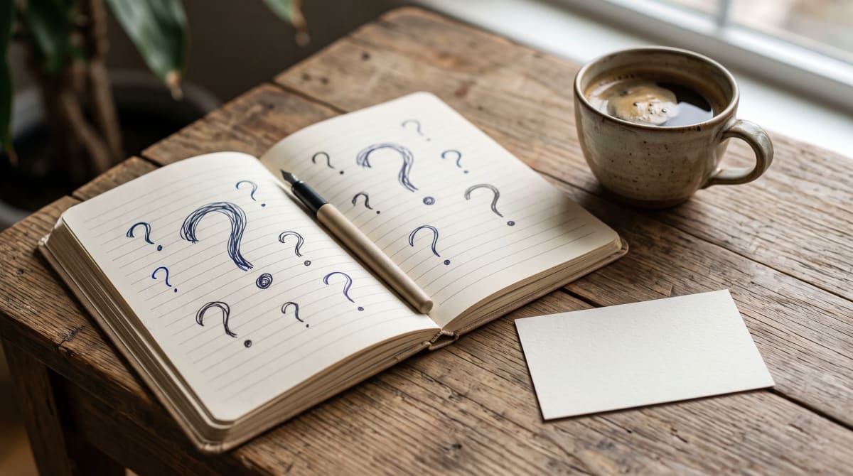 Notebook with handwritten questions next to a card and a coffee cup