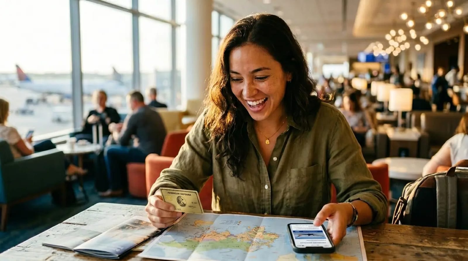 Traveler discovering Amex Gold Card for beginners in premium airport lounge