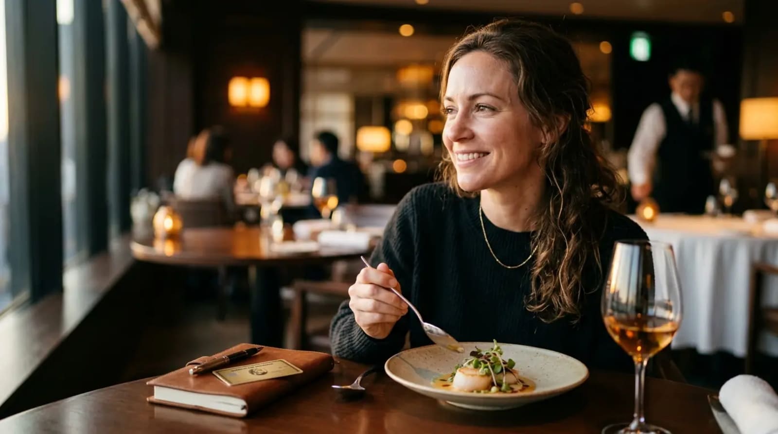 Traveler savoring meal while evaluating premium rewards card in upscale restaurant