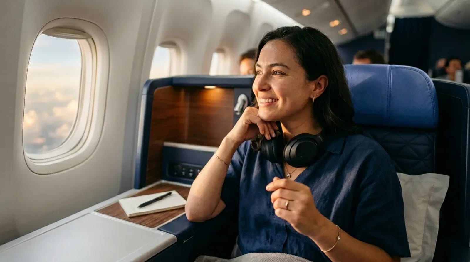 New traveler discovering Delta SkyMiles Amex cards value in first-class cabin