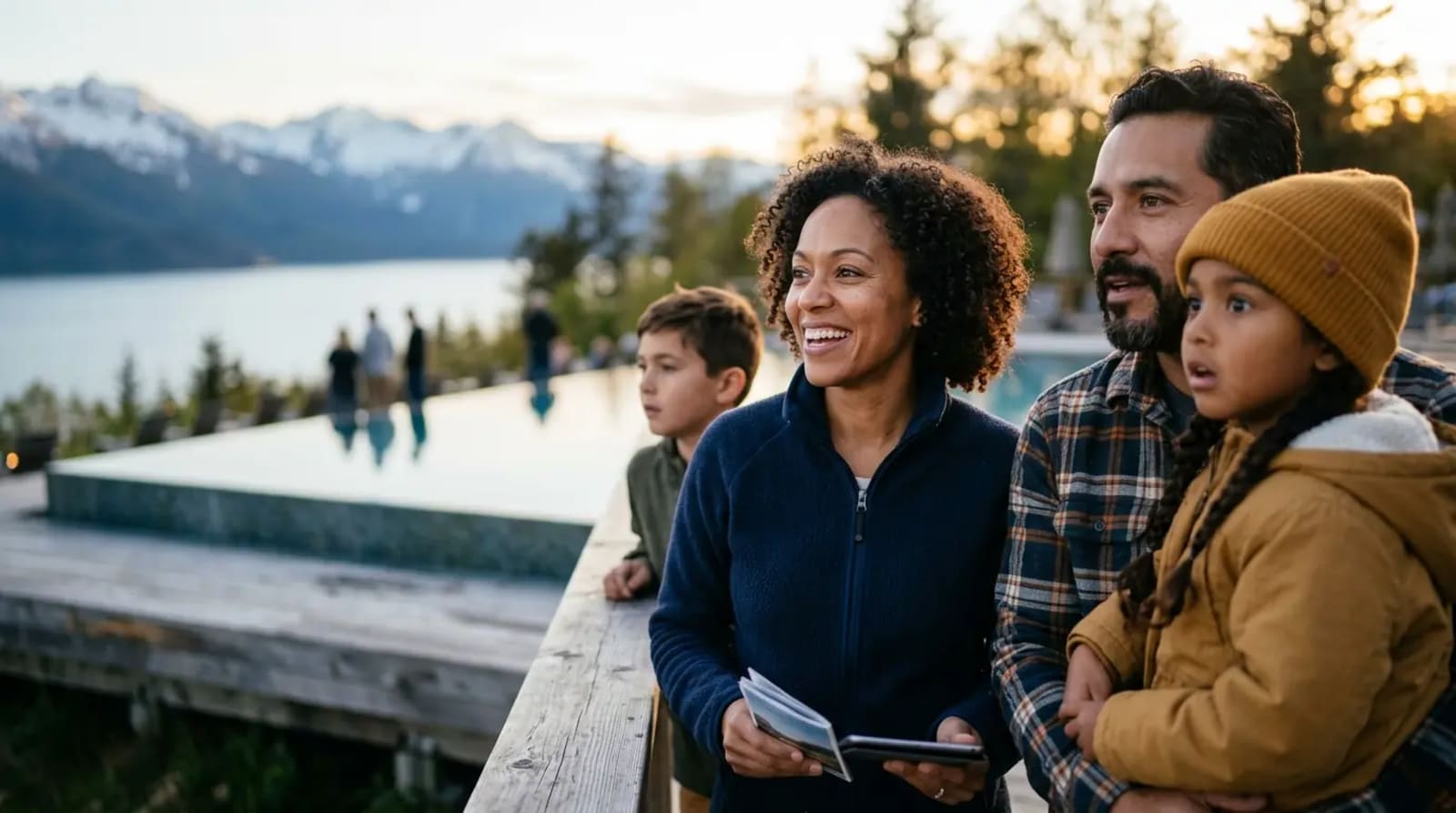 American family travelers discovering Alaska Atmos Rewards award redemption sweet spots and charts at luxury resort pool