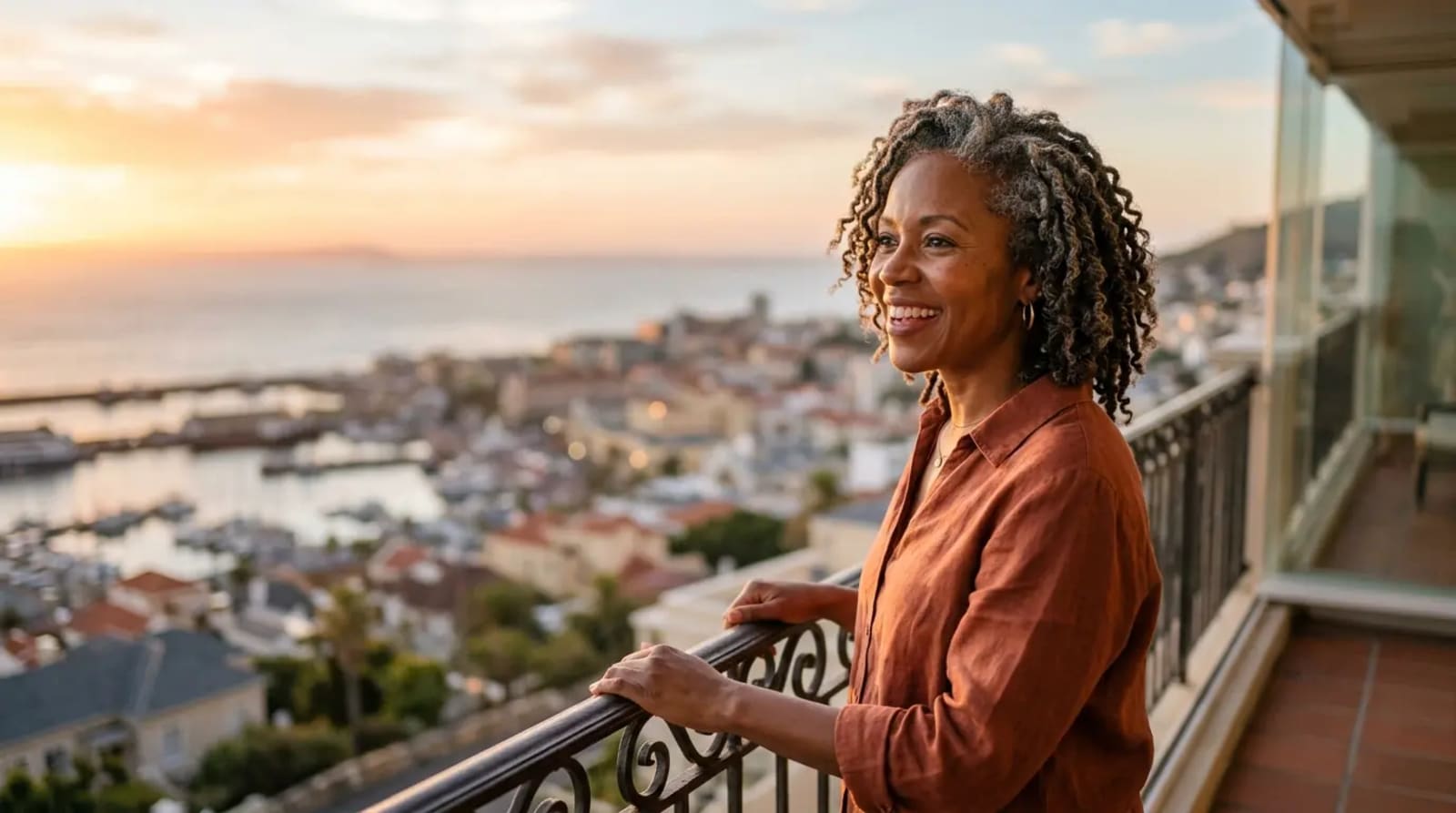 Authentic traveler discovering value in Hilton Honors award redemption on luxury hotel balcony