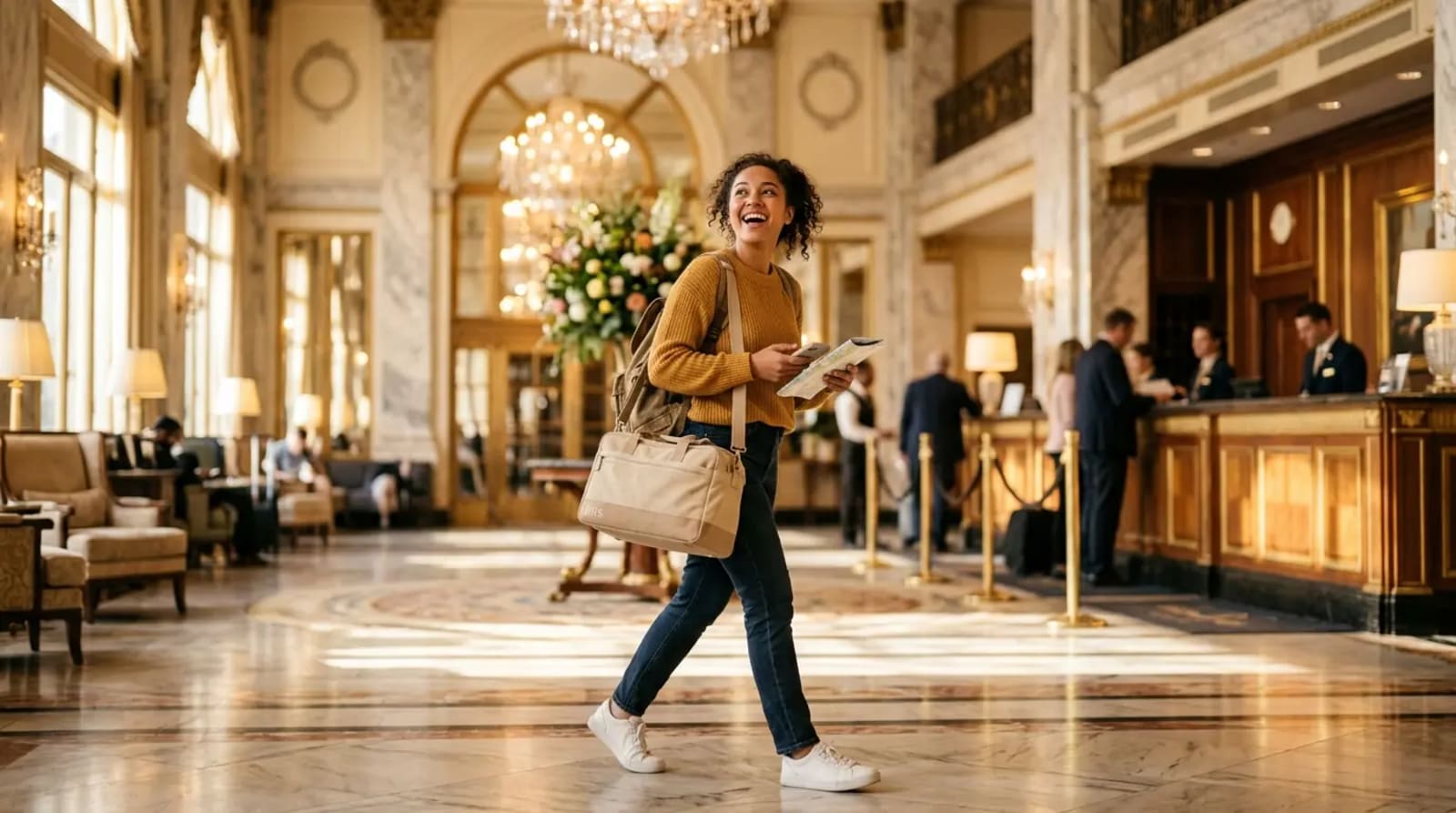 Beginner traveler arriving at luxury hotel lobby for first premium experience