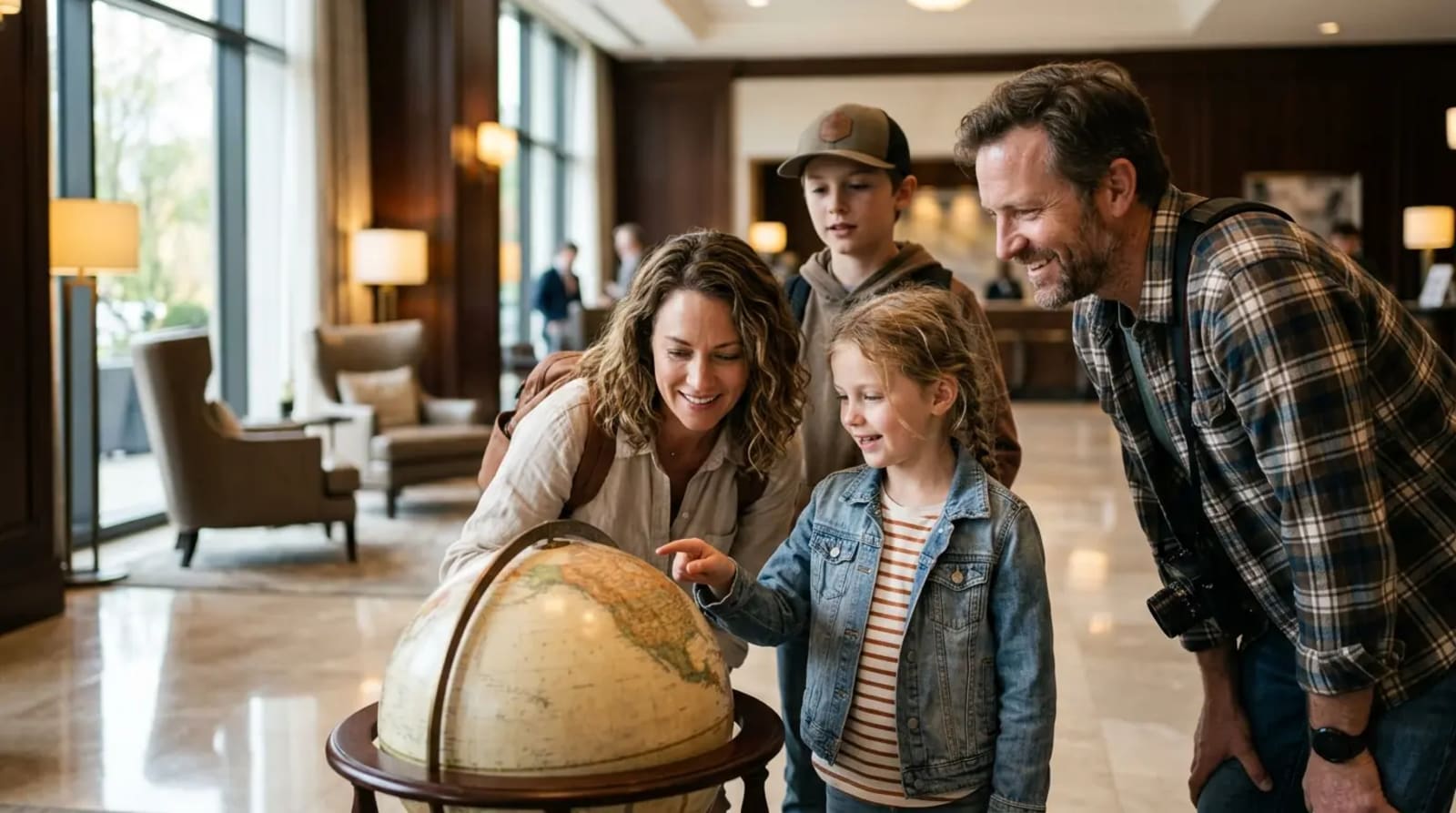 Family discovering Capital One Venture X benefits for family travel in luxury hotel lobby