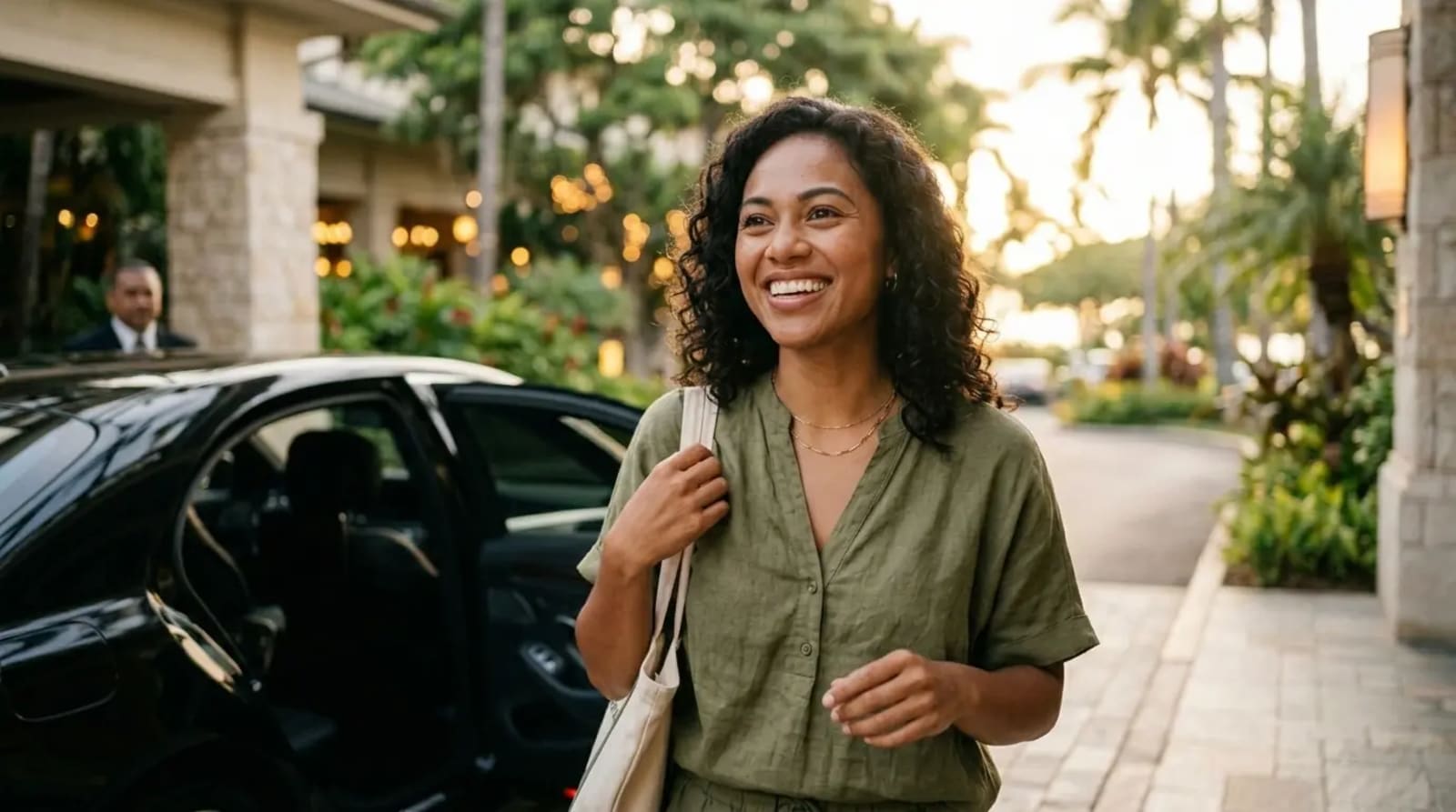Beginner traveler discovering Capital One Venture X overview at luxury resort curbside
