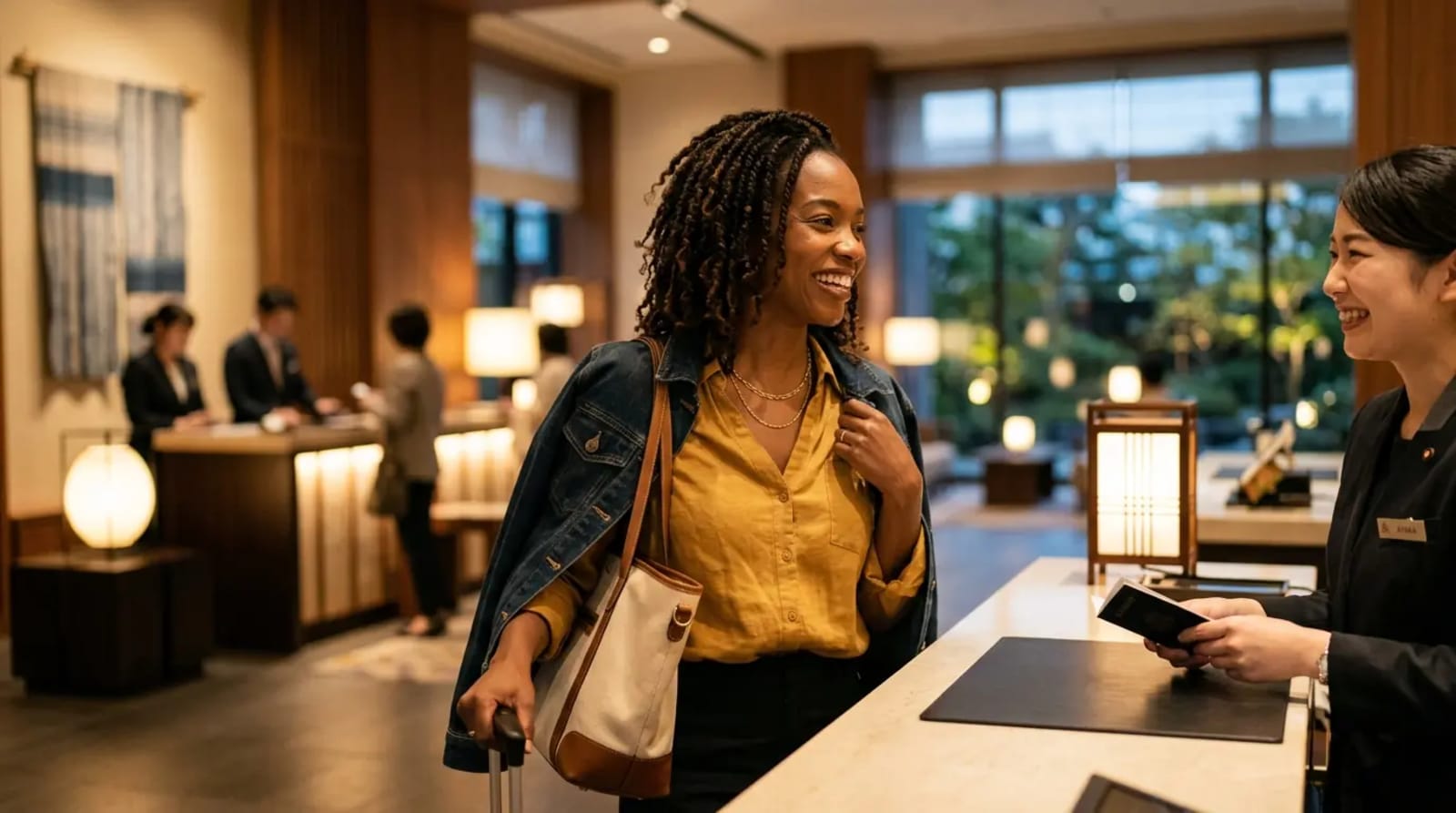Happy traveler discovering Marriott Bonvoy membership in luxury hotel lobby