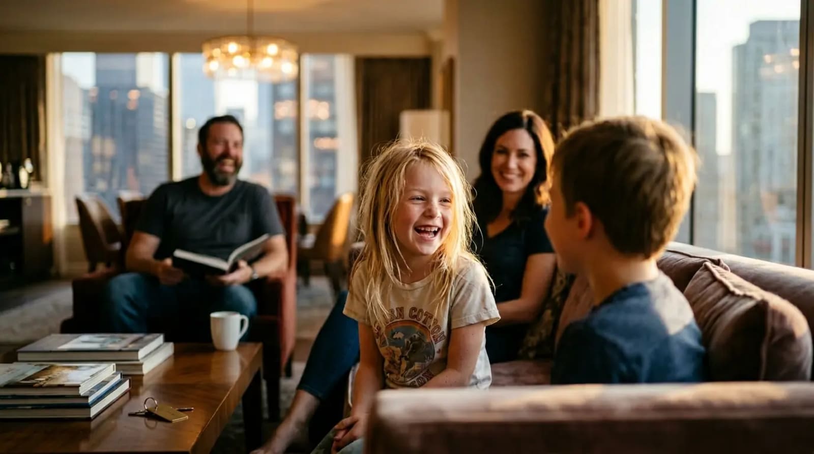 Family discovering 5th night free savings in luxury hotel suite for Marriott Bonvoy family stay 2026