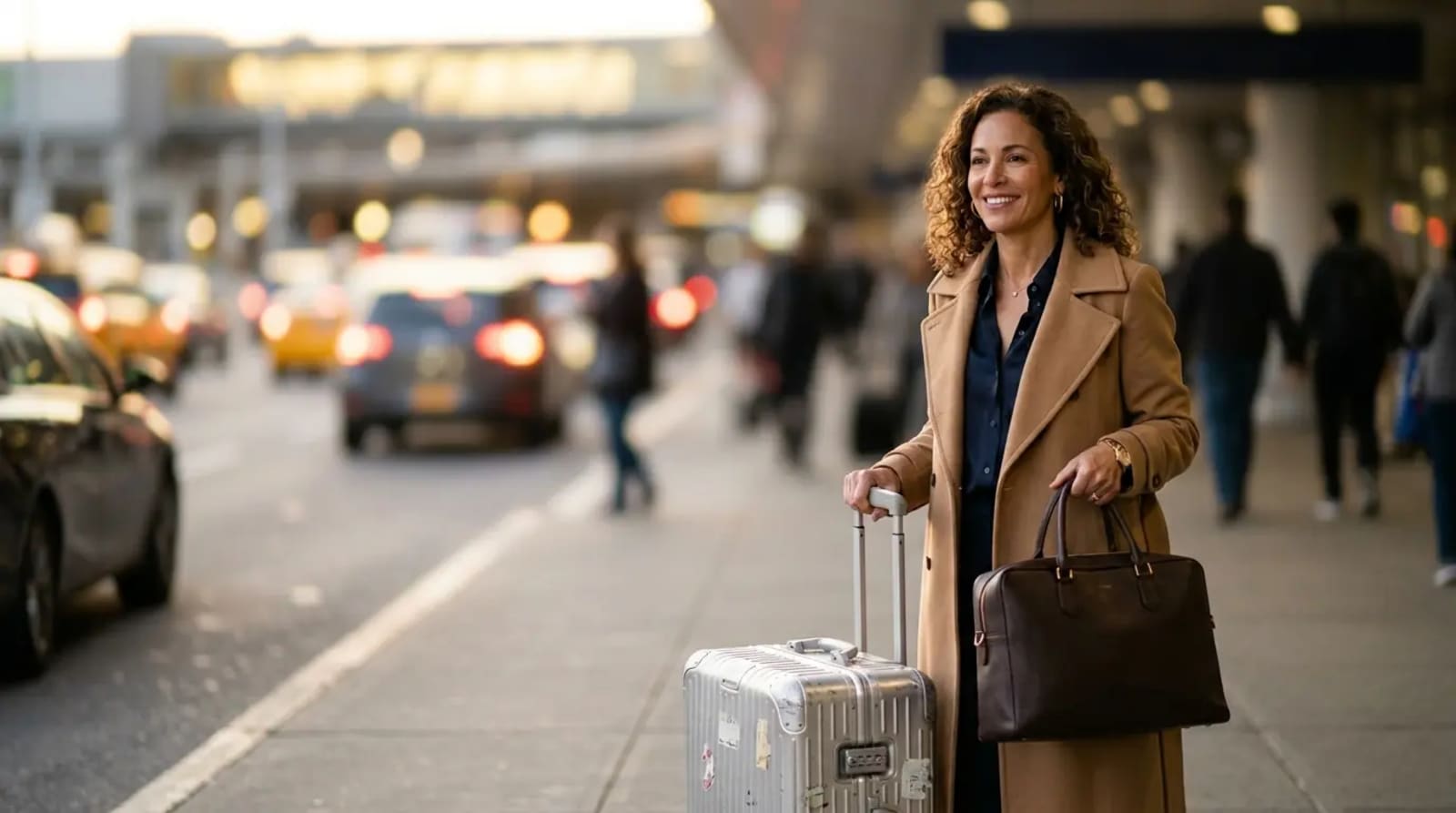 Premium traveler arriving curbside at airport excited for luxury journey with Amex Platinum and Chase Sapphire Reserve