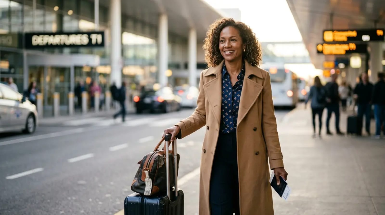 Traveler arriving curbside at airport for international journey with Chase Sapphire Reserve benefits