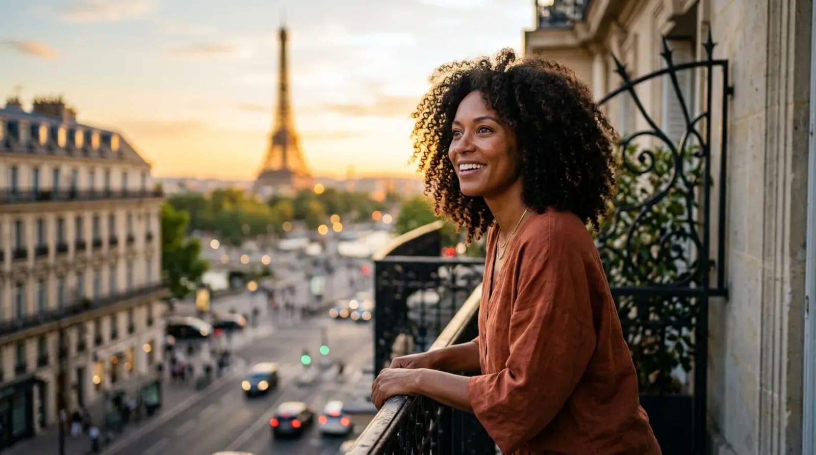 American travelers enjoying luxury European hotel balcony with Flying Blue Promo Rewards US Europe award travel